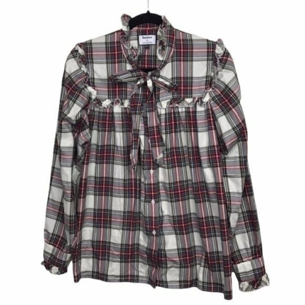 Barbour by Alexa Chung Bella Red Plaid Tie Neck Button Down Shirt US 8